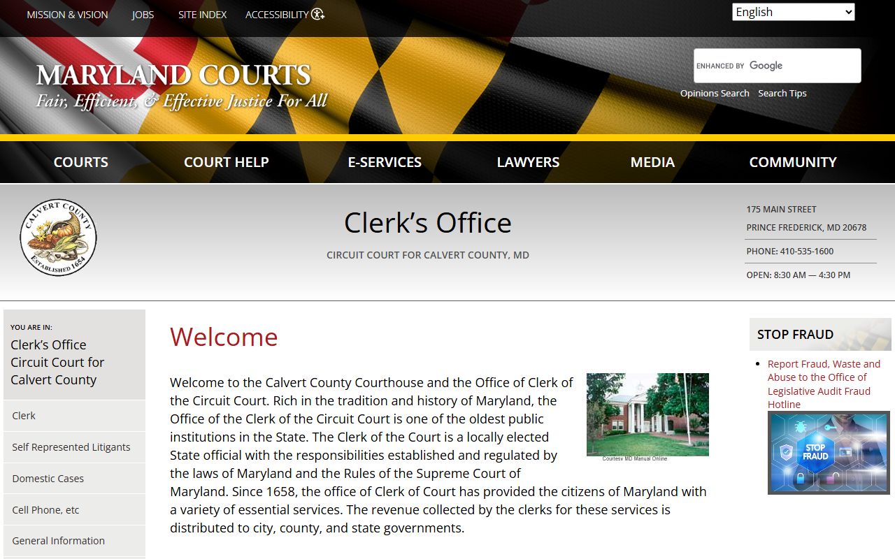 Calvert County Circuit Court Clerk office for genealogy records research