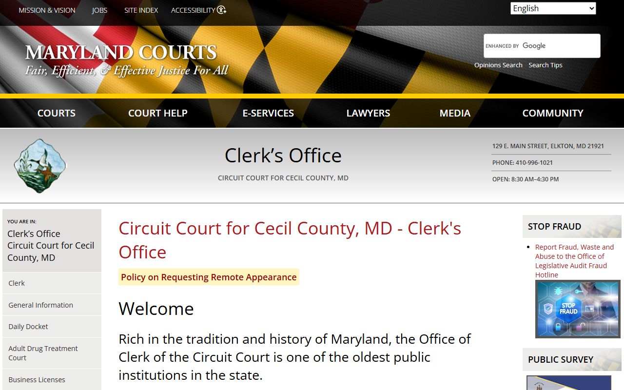 Cecil County Circuit Court Clerk office Elkton Maryland genealogy records