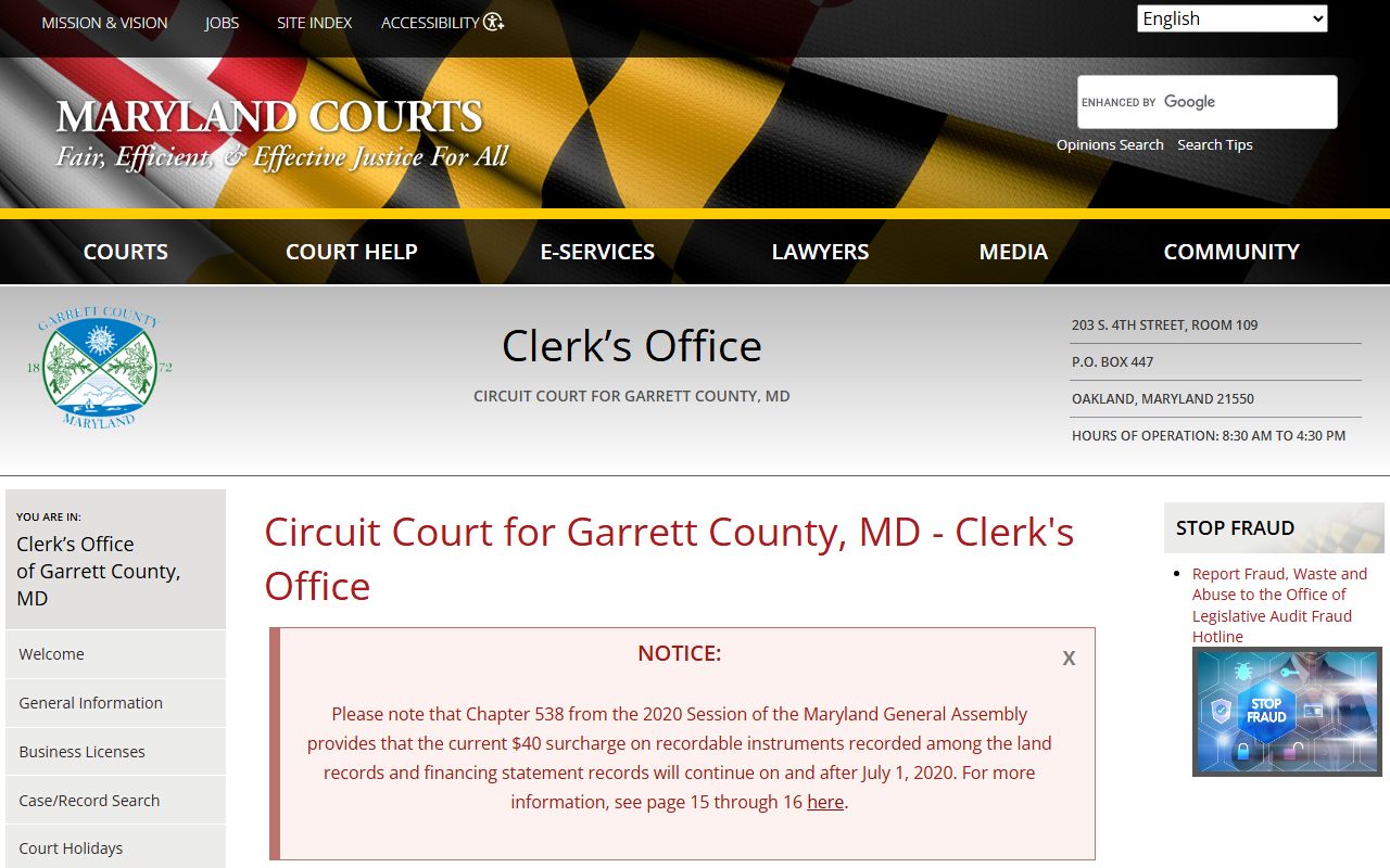 Garrett County Circuit Court page for genealogy records in Oakland Maryland