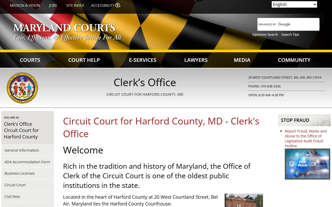 Harford County Circuit Court page for genealogy records in Bel Air Maryland