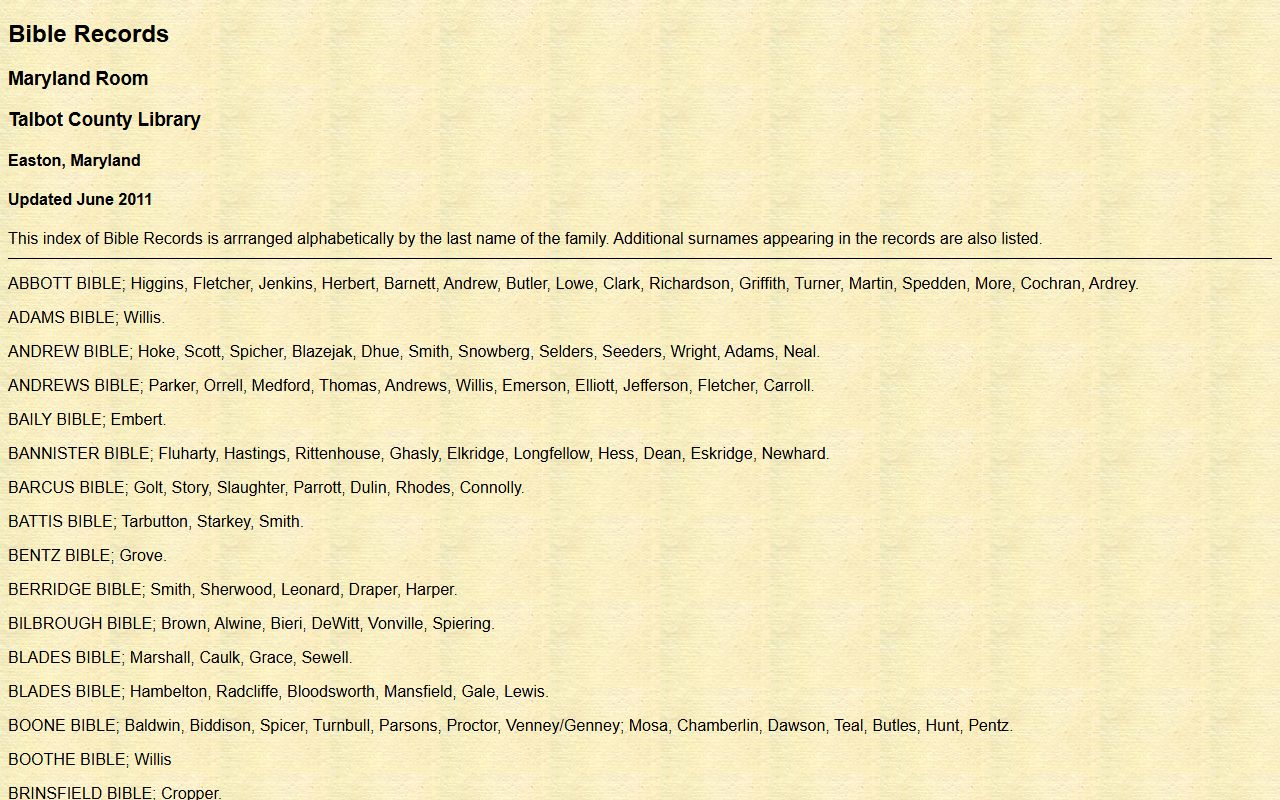 Talbot County Free Library Bible records collection for genealogy research