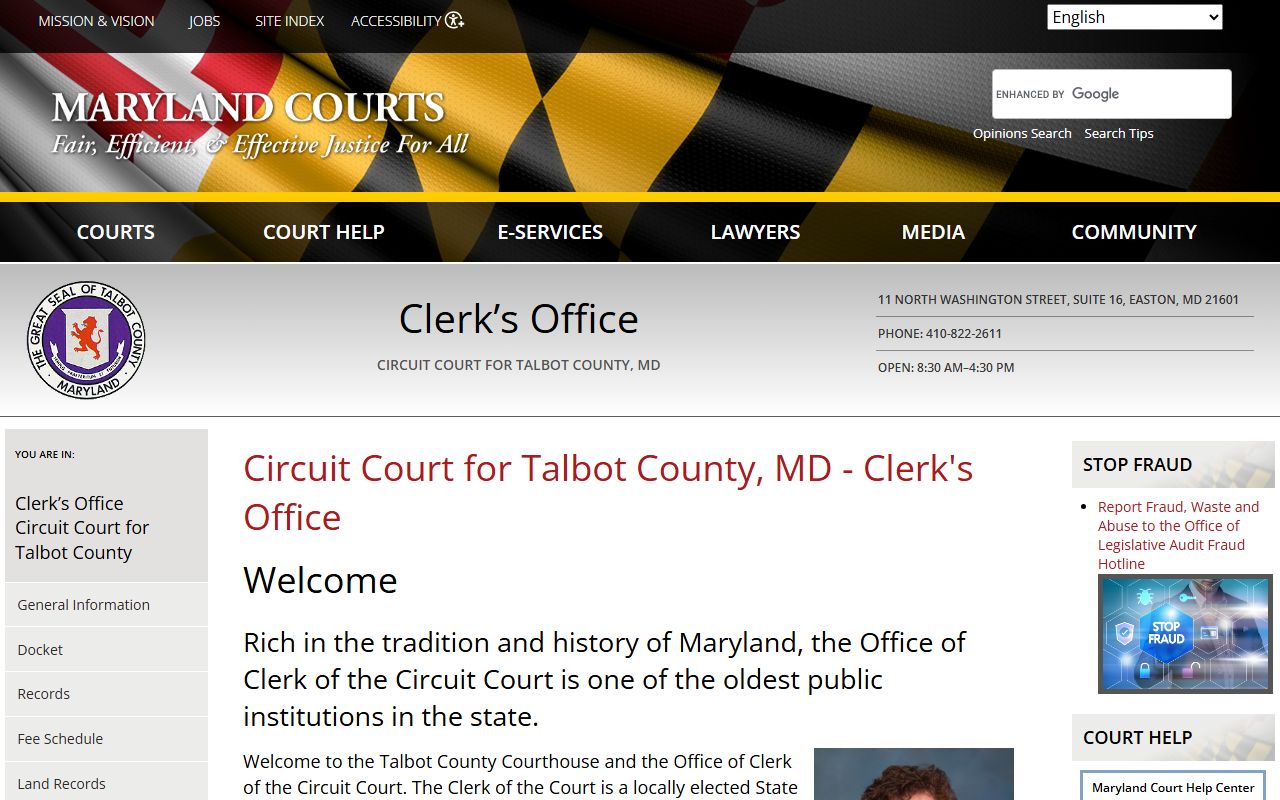 Talbot County Circuit Court website for genealogy records in Easton Maryland