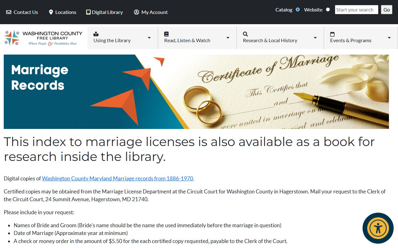 Washington County Free Library marriage records database for genealogy research