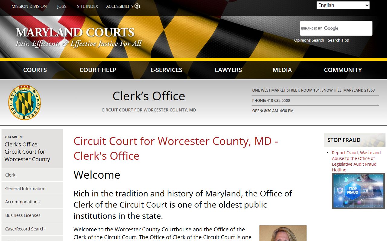 Worcester County Circuit Court for genealogy records in Snow Hill Maryland