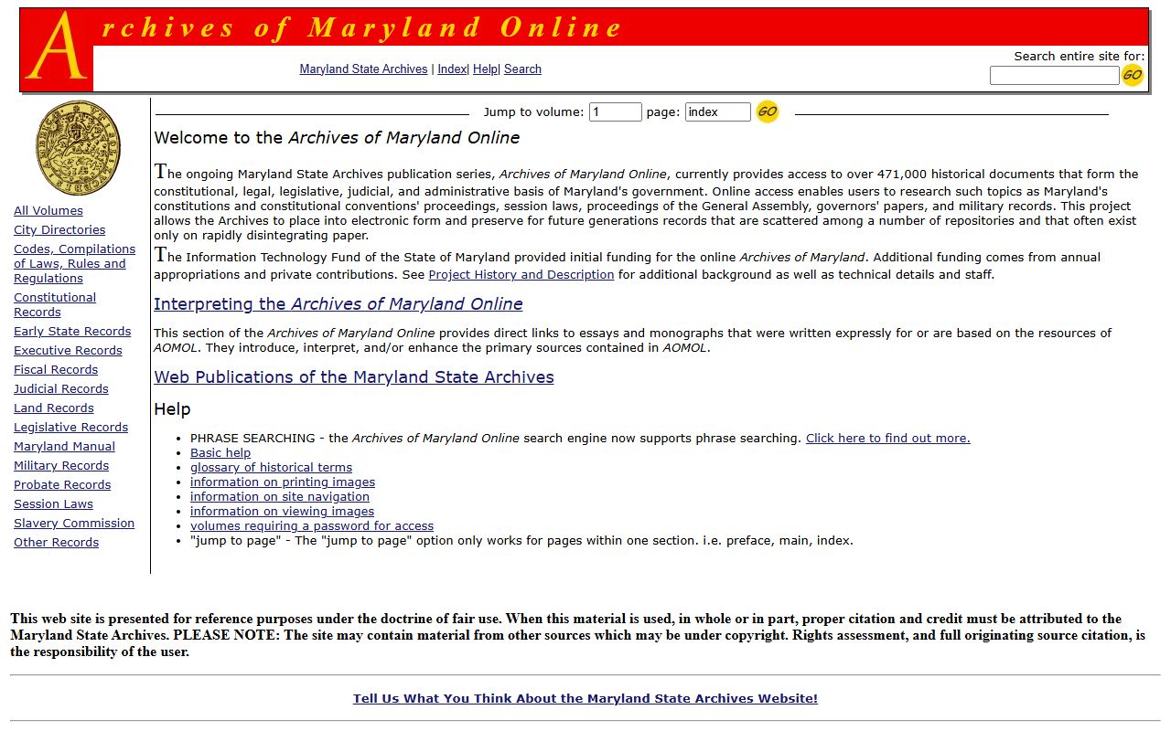 Archives of Maryland Online historical genealogy documents