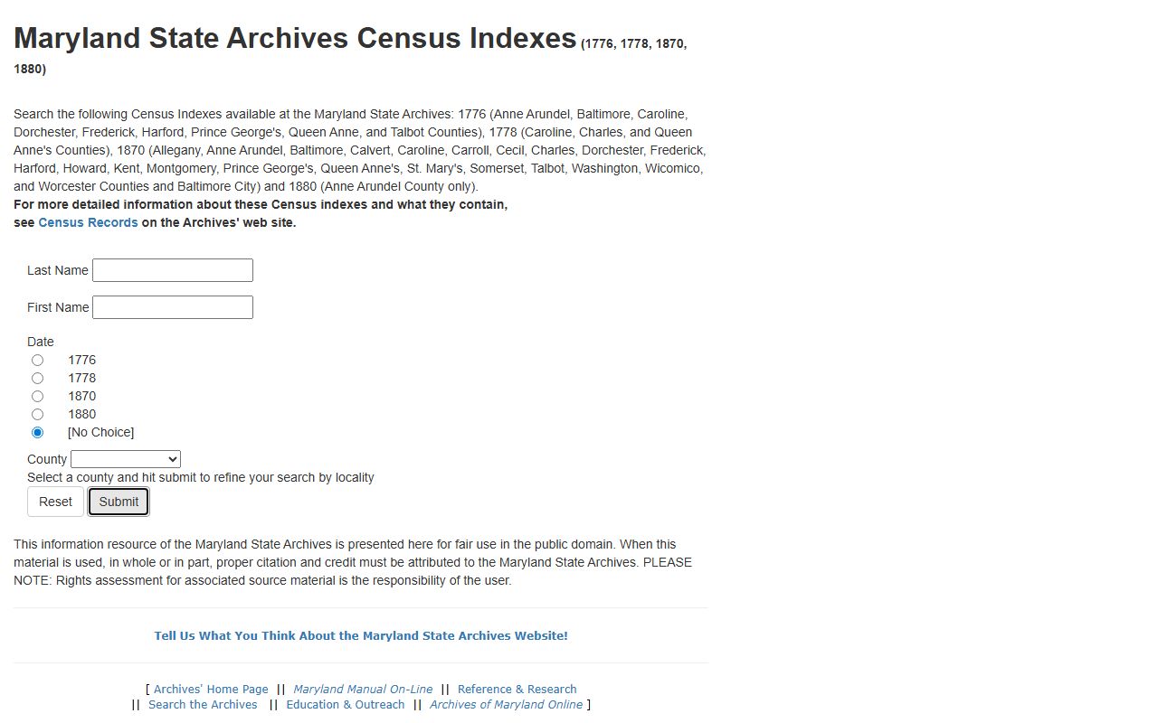 Maryland State Archives Census Indexes for genealogy research