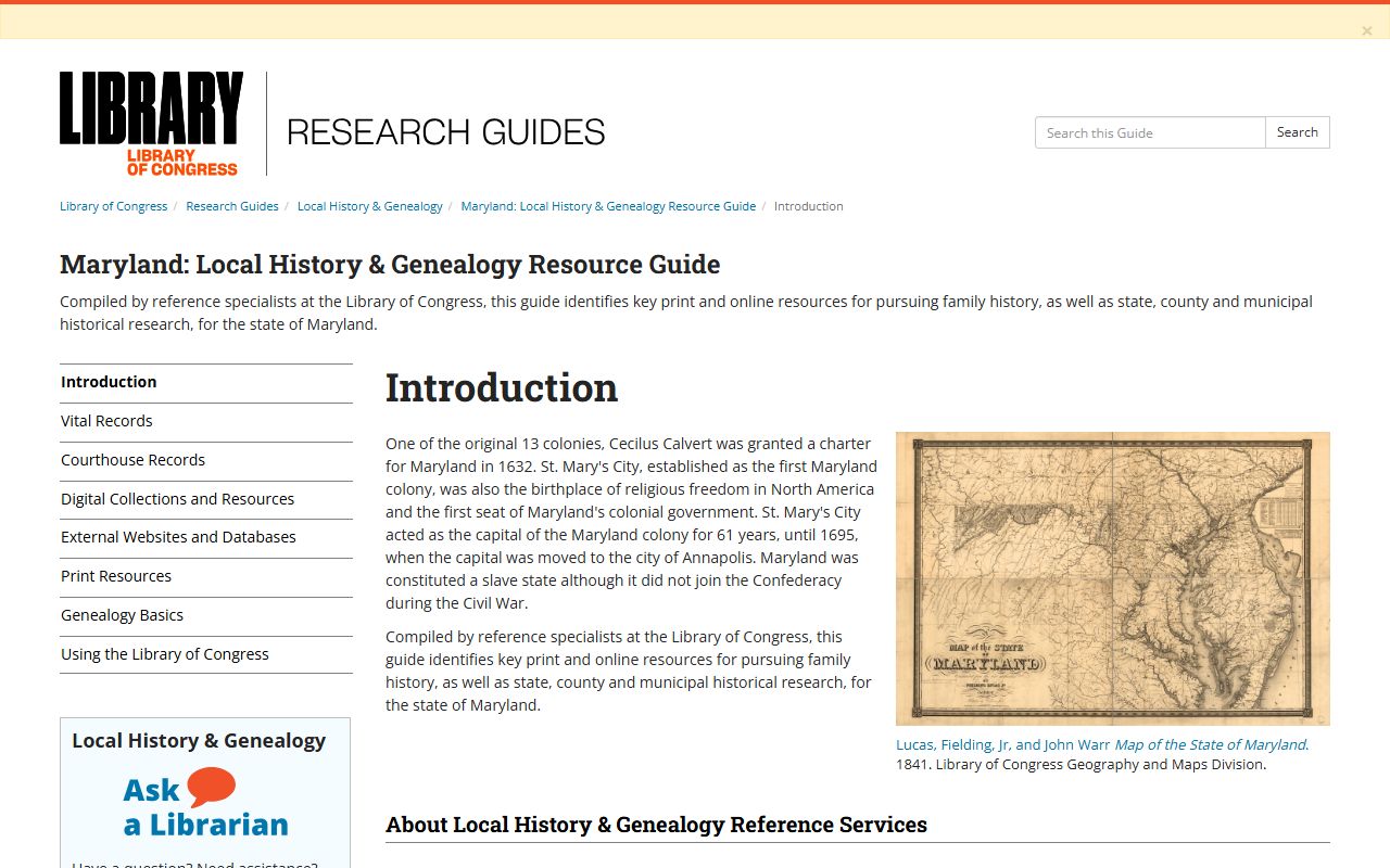 Library of Congress guide to Maryland local history and genealogy records