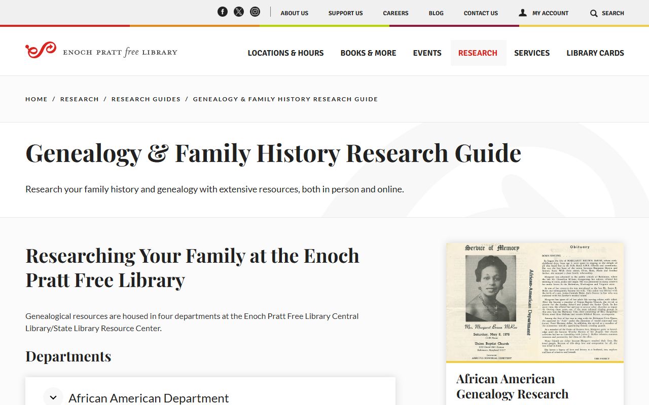 Enoch Pratt Free Library genealogy guide for Maryland records research