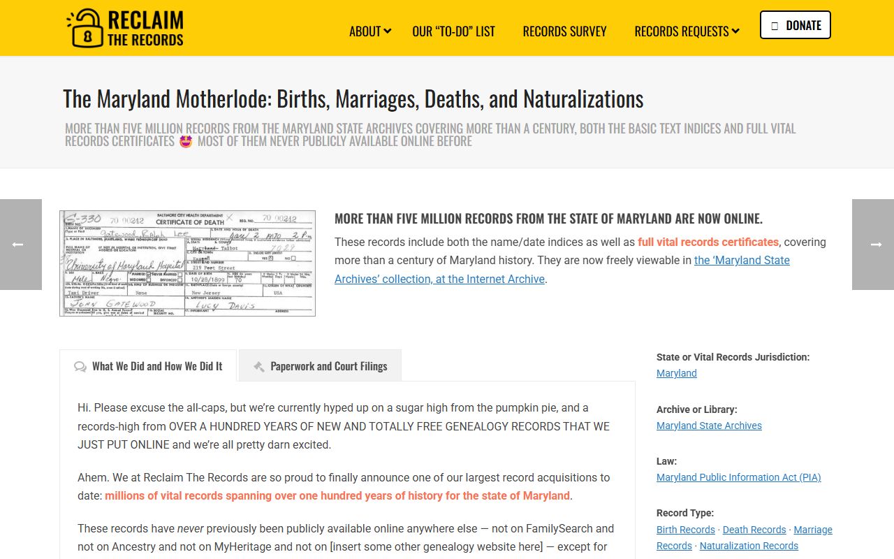 Reclaim the Records Maryland collection page for free genealogy records