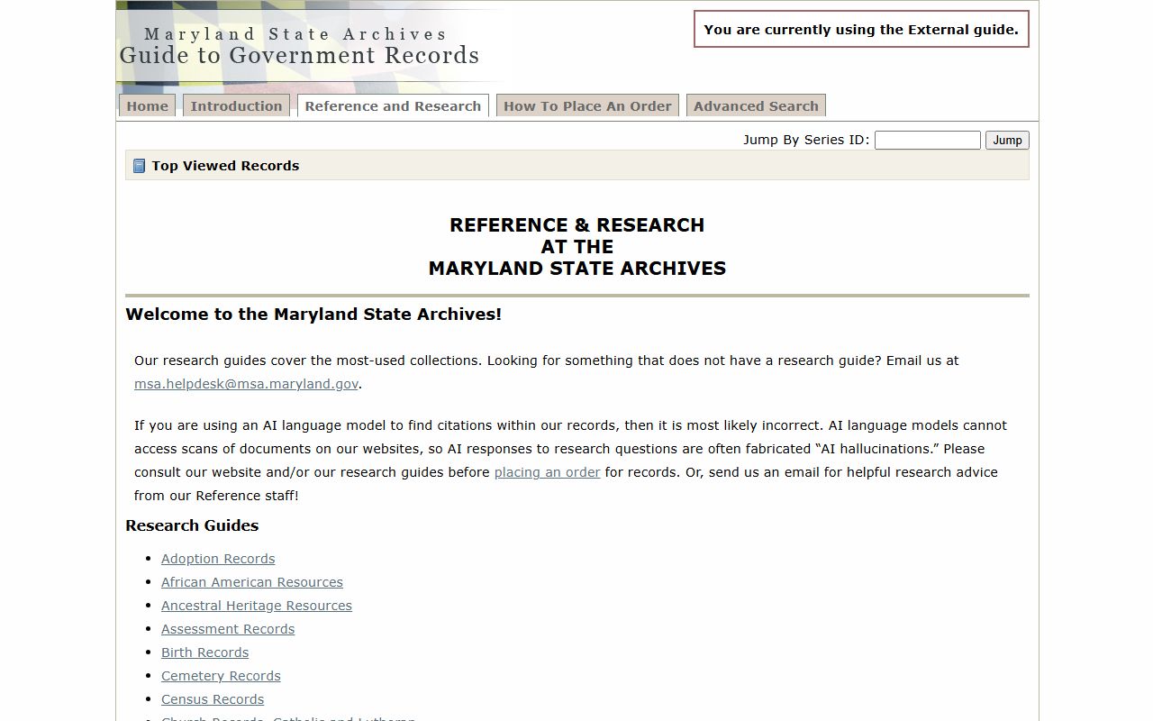 Maryland State Archives reference and research guides for genealogy records
